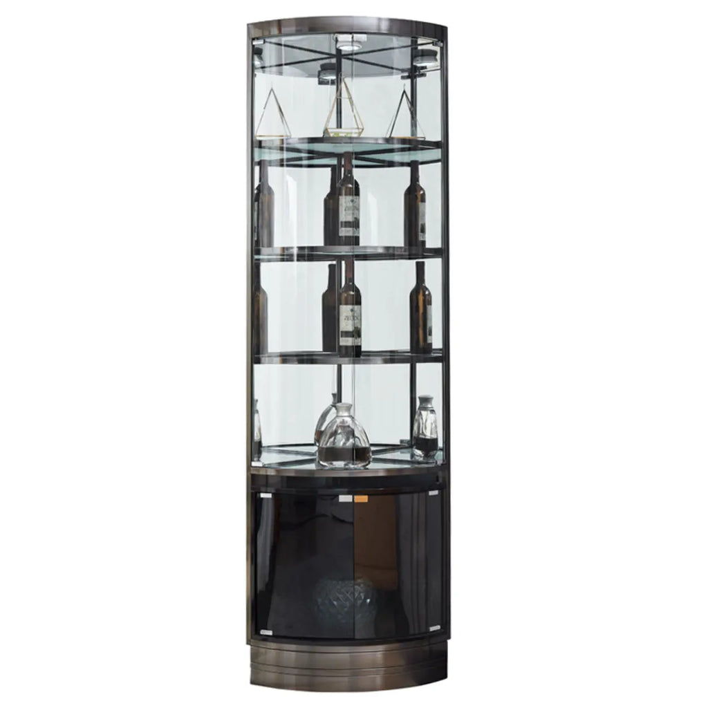 Vitrine de canto para garrafeira e arrumação com prateleiras de vidro e metal em vários níveis