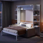 Whisen modernes Murphy-Bett in Queensize mit Holzrahmen, Wandbett mit Sofa und Regalen
