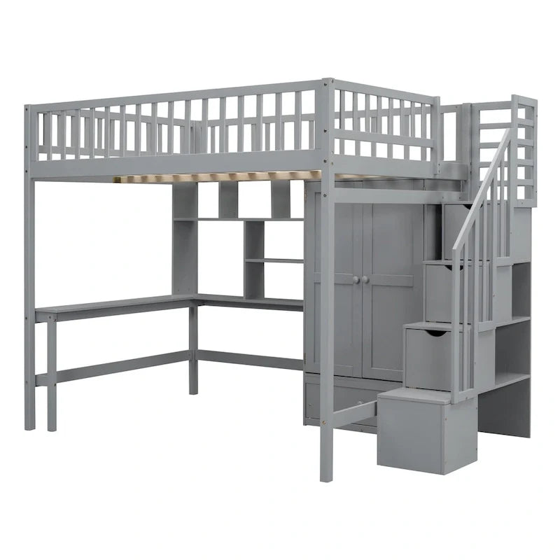 Lit mezzanine double en pin avec bureau et rangement