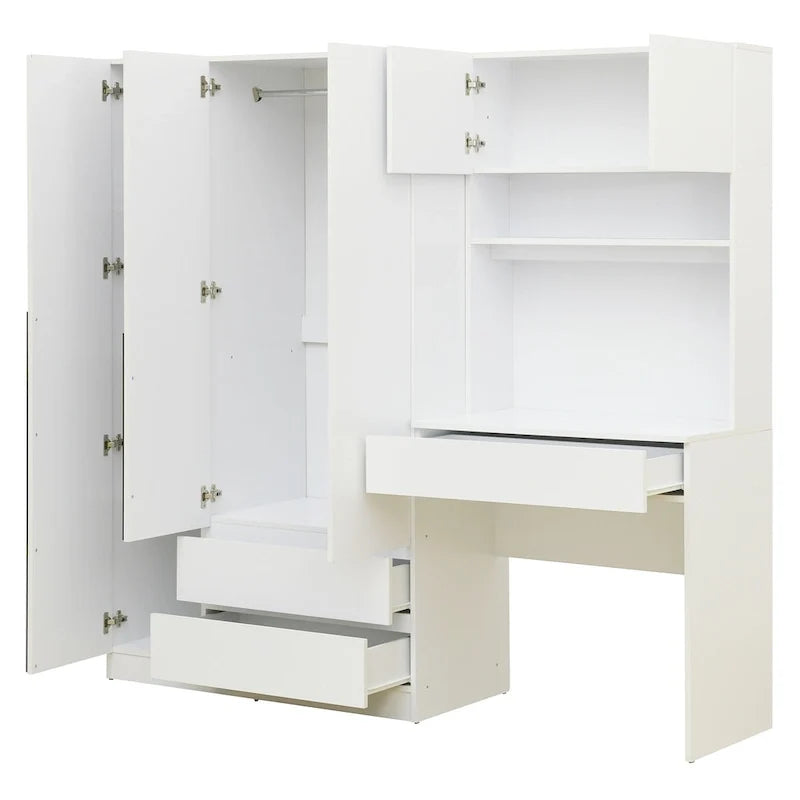 3-in-1-Kleiderschrank mit Schminktisch, Schreibtisch-Set, Schlafzimmerschrank mit 2 Schubladen, 3 Türen und Stauraum
