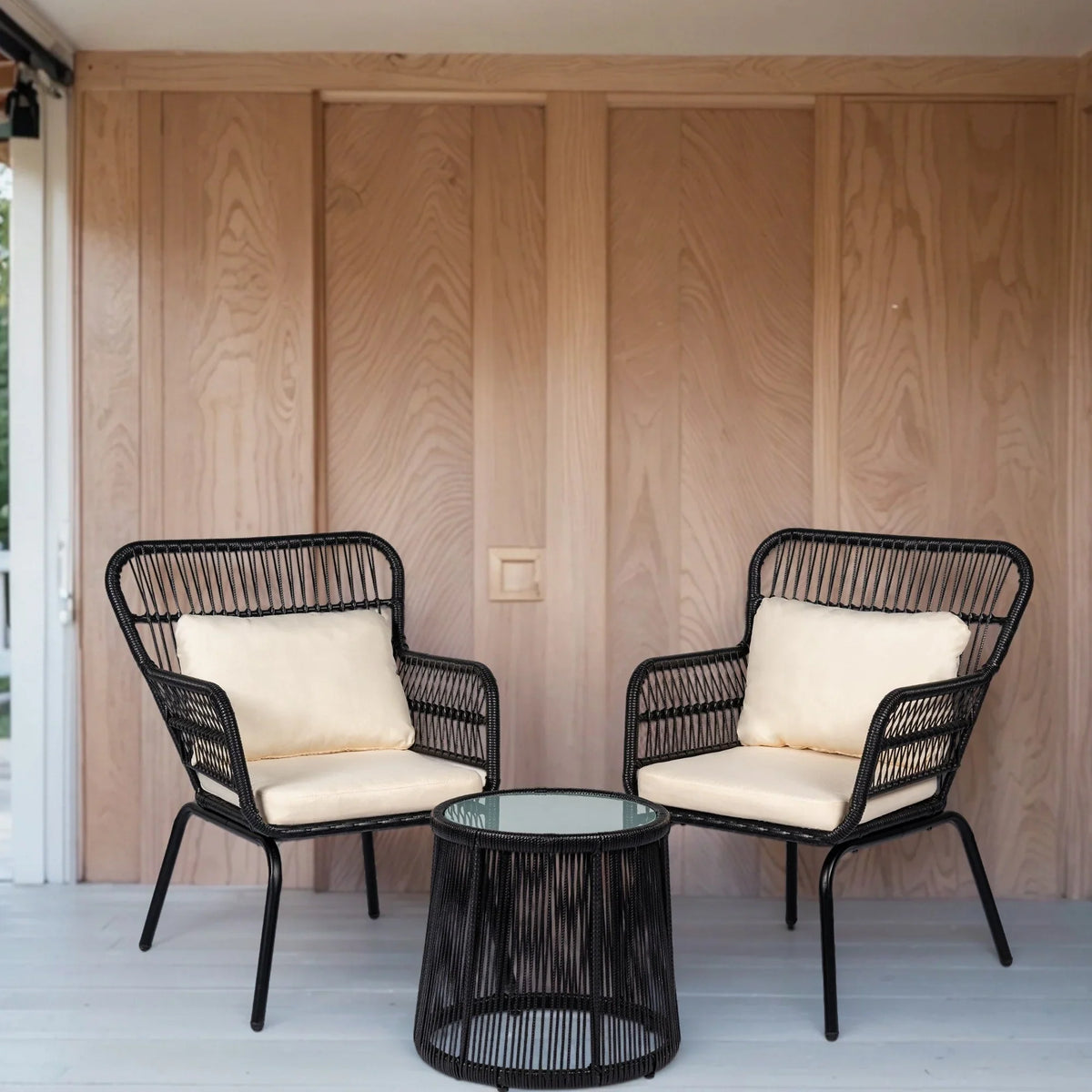 Ensemble bistro de conversation extérieur en osier de 3 pièces, mobilier de patio en rotin toutes saisons avec coussins
