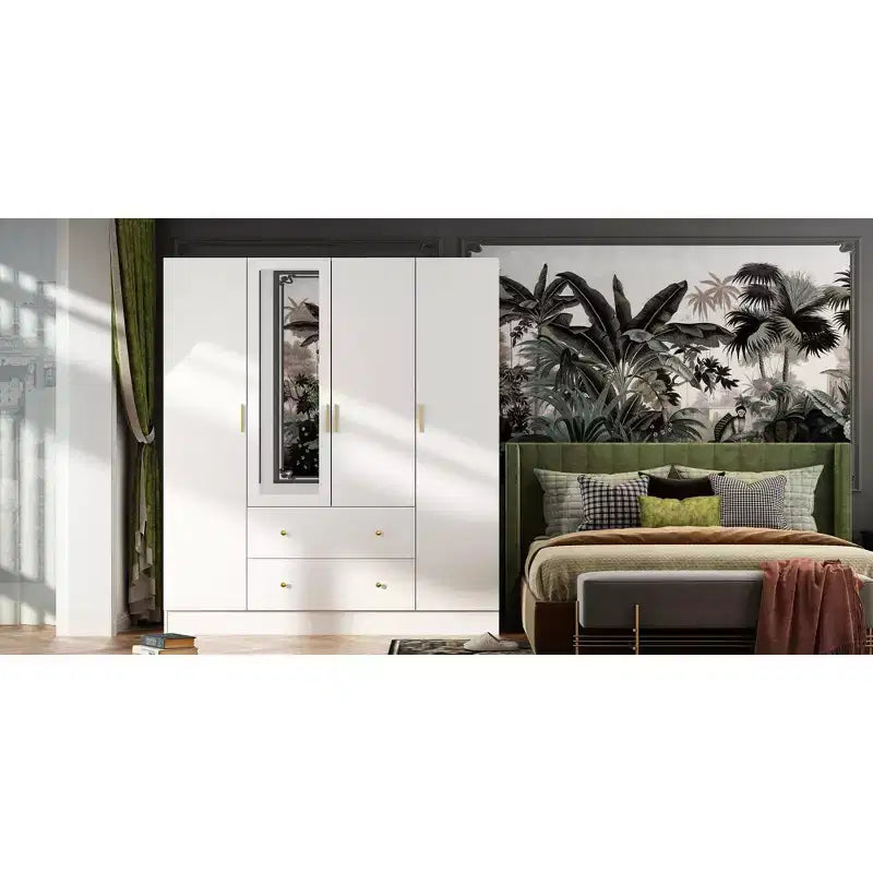 Roupeiro Hitow com 2 gavetas grandes, área central para pendurar roupa e espelho, estilo minimalista