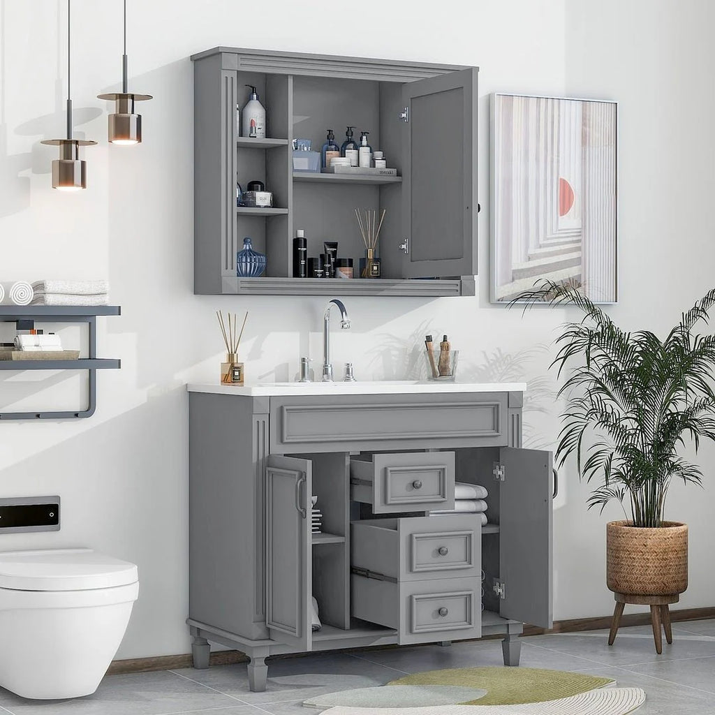36-Zoll moderner Waschtischunterschrank mit Aufsatzwaschbecken und Spiegelschrank, 2 Türen und 2 Schubladen