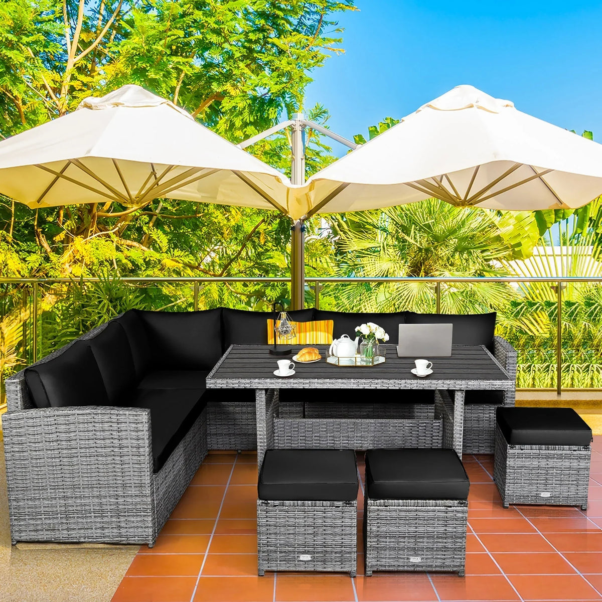 Costway 7-teiliges Dining-Set aus Polyrattan für die Terrasse mit Ecksofa, Couch und Hocker – Details anzeigen