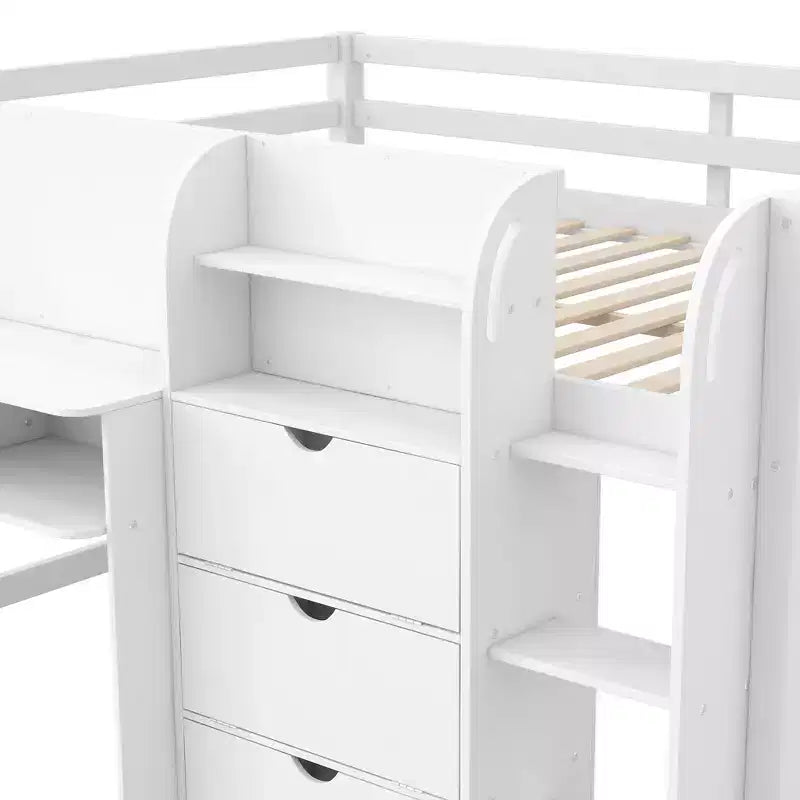 Letto rialzato basso rosa/bianco con scrivania, spazio contenitore e lavagna bianca -C singolo, 1 persona