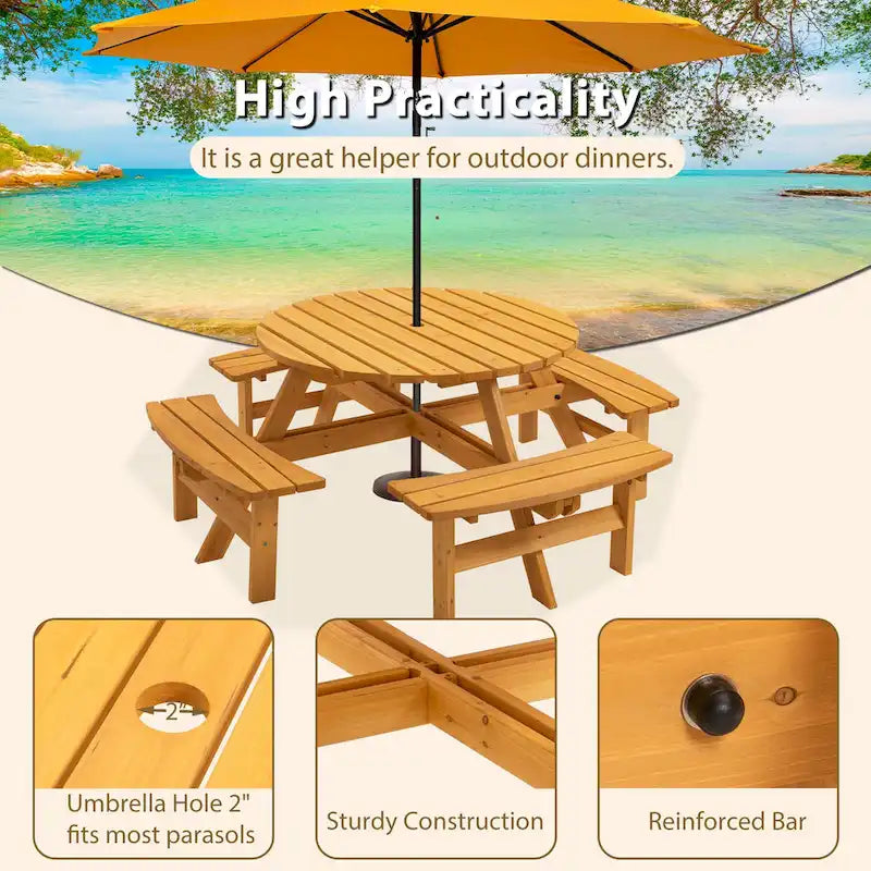Conjunto de refeições redondo para piqueniques no exterior, em madeira de abeto, para 8 pessoas, com 4 bancos integrados e orifício para guarda-sol