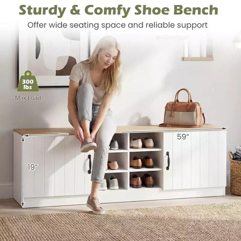 Banc à chaussures à 2 portes avec étagères réglables et espace de rangement dissimulé, naturel + blanc/Whi5te
