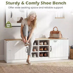 Banc à chaussures à 2 portes avec étagères réglables et espace de rangement dissimulé, naturel + blanc/Whi5te