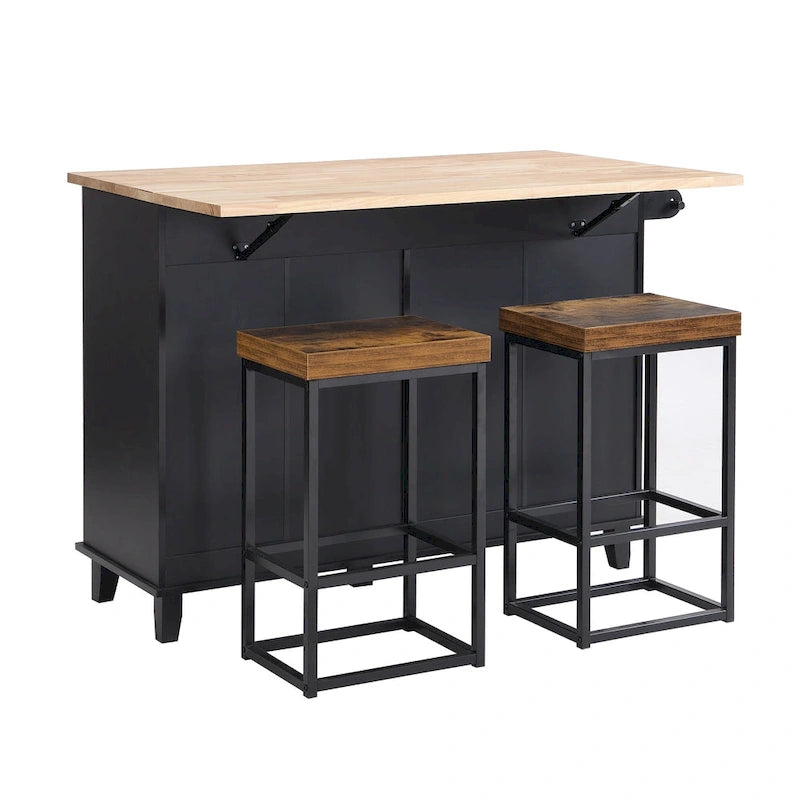 Ensemble îlot de cuisine TOPMAX avec rallonge rabattable et 2 places assises, ensemble table à manger avec étagère réglable, tiroirs et porte-serviettes
