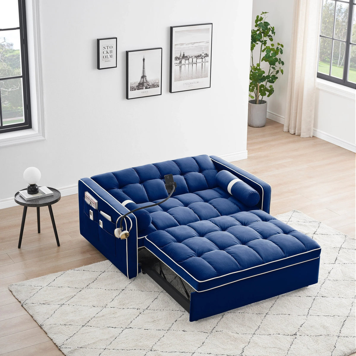 Sofá-Cama Convertível de Veludo para 2 Pessoas, com 55', Cama Extensível, Encosto Reclinável Ajustável, Bolsos Laterais e Suporte para Telemóvel