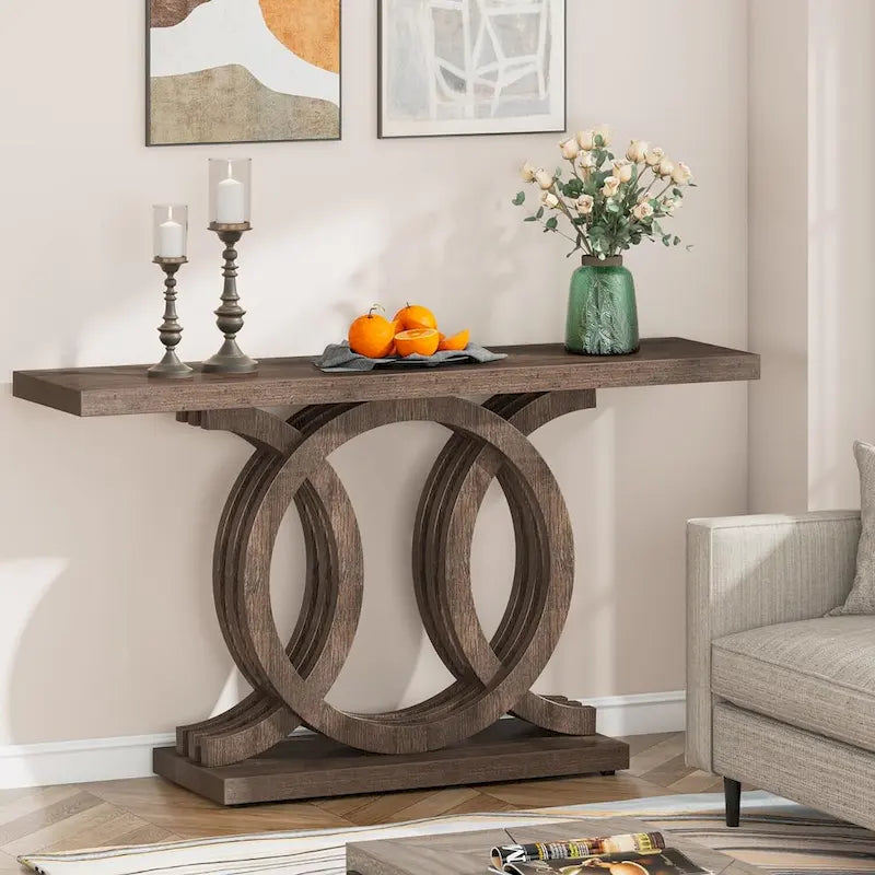 Mesa de consola vintage com base geométrica, mesa de madeira para corredor