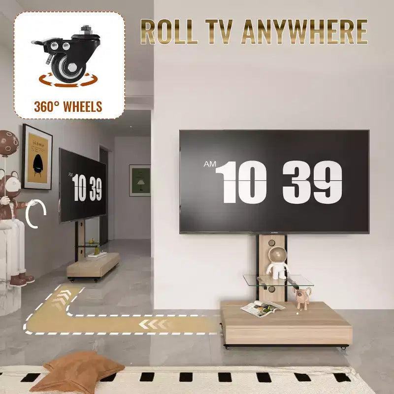 TV stolek pro televizory 32-75, mobilní TV vozík s nastavitelnou výškou, zásuvkou a kolečky do obývacího pokoje, ložnice nebo kanceláře -ModernLuxe