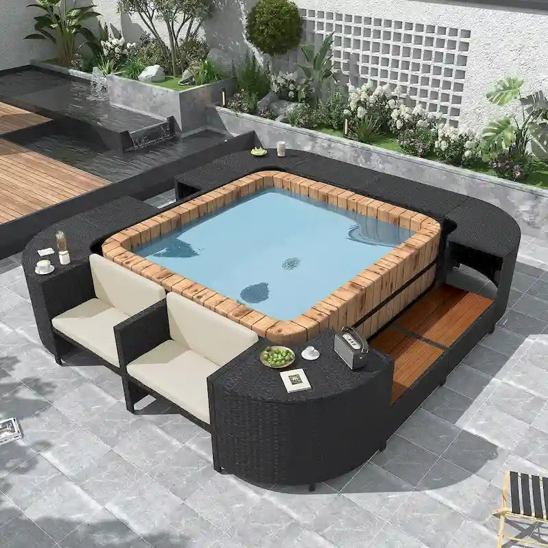 Spa-Umrandung, Spa-Gestell, viereckiges Outdoor-Lounge-Set aus Polyrattan