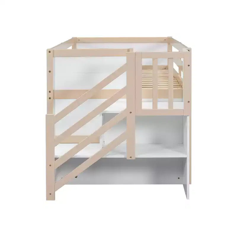 Letto rialzato basso singolo in legno massello da 94,6 L x 42,3 L, con scala, cassetto e ripiano, design moderno e pulito
