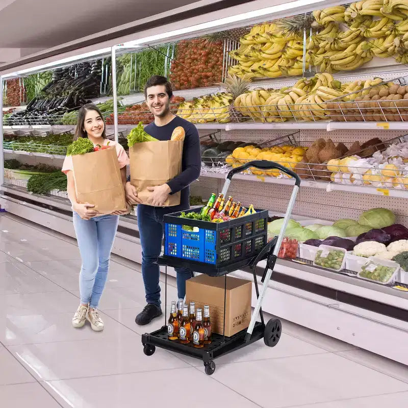 2patrové skládací nákupní vozíky na potraviny, nosnost 198 LB, skládací přenosný nákupní vozík s kolečky a odnímatelnou přepravkou do nákupního centra a na tržnici, modrý