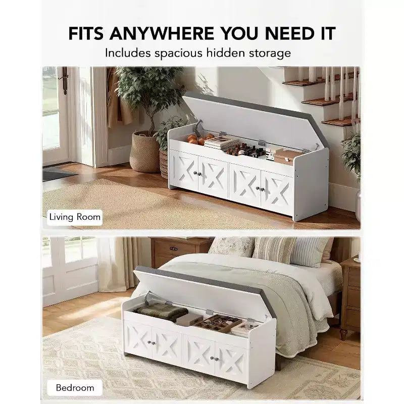 Banc à chaussures de 47,2 pouces de long pour l’entrée, avec assise rembourrée, rangement à couvercle relevable, 4 portes, capacité de 300 lb, banc avec range-chaussures pour l’entrée