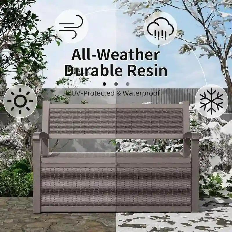 Odporna na warunki atmosferyczne ławka ze schowkiem z żywicy, zamykanym ukrytym schowkiem — design imitujący rattan, udźwig 500 funtów, pojemność 70 galonów