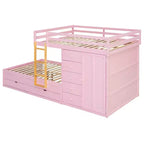 Full over Full Bunk Bed with Storage Wardrobe and Drawers, Full Size Wood Space-Saving Bunk Bed with Guardrail for Apartment, Bedroom
