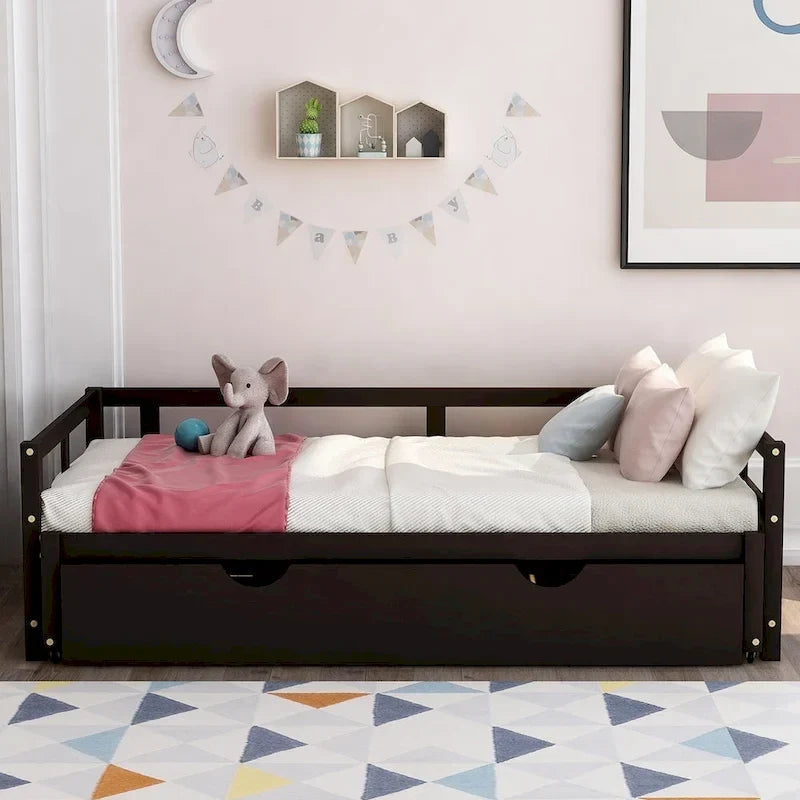 Letto da giorno allungabile con letto estraibile, letto da giorno in legno con letto estraibile