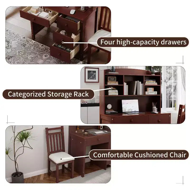 Okak moderner Schreibtisch aus Holz für das Homeoffice mit Tischplatte/Stuhl und Bücherregal, Stauraum-Schreibtisch für Jugendliche und Studierende zum Lernen und Arbeiten