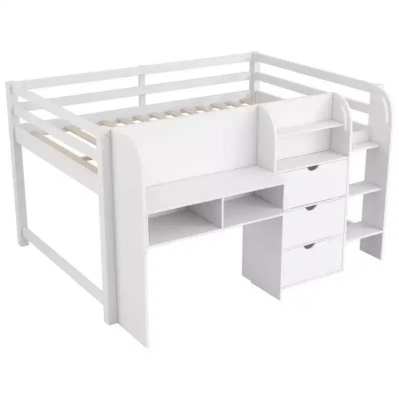 Letto rialzato basso rosa/bianco con scrivania, spazio contenitore e lavagna bianca -C singolo, 1 persona