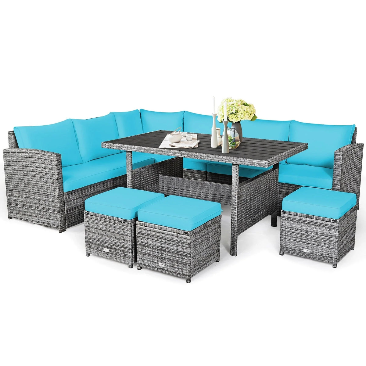 Costway 7-teiliges Dining-Set aus Polyrattan für die Terrasse mit Ecksofa, Couch und Hocker – Details anzeigen