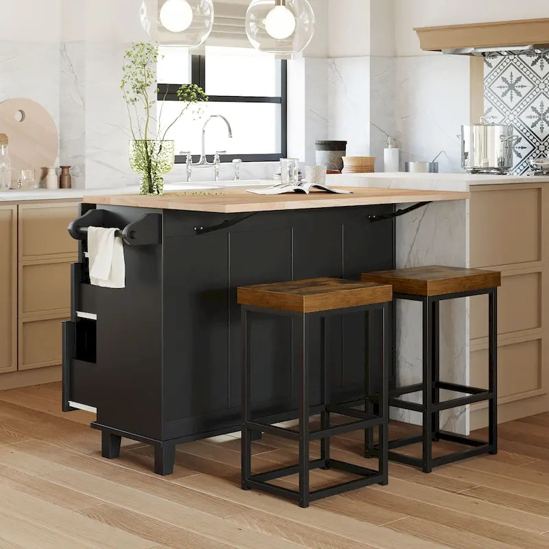 Ensemble îlot de cuisine TOPMAX avec rallonge rabattable et 2 places assises, ensemble table à manger avec étagère réglable, tiroirs et porte-serviettes