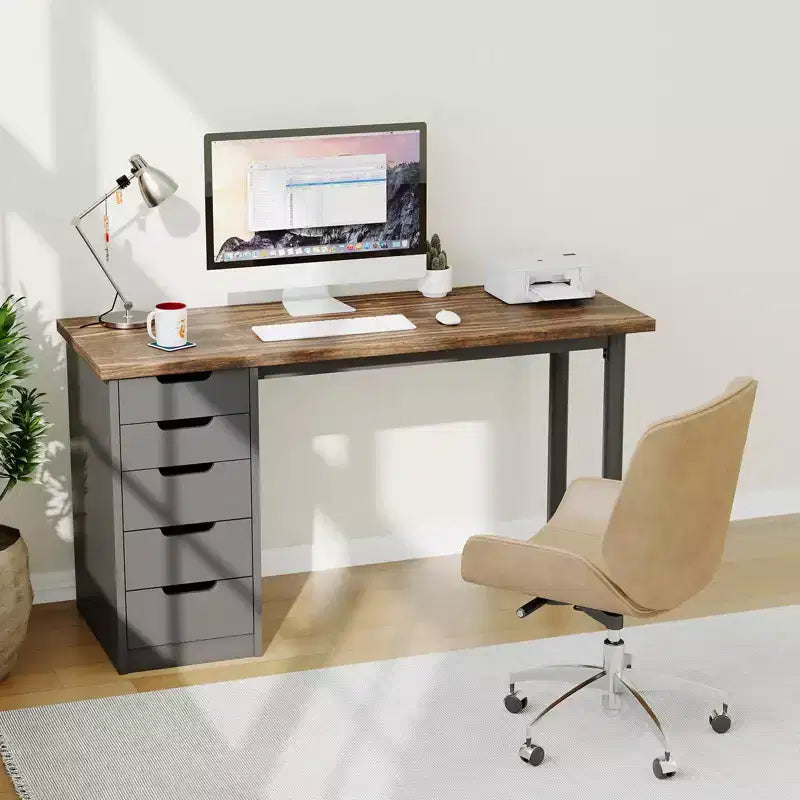 Computerbureau van 47 inch met 5 opbergladen, omkeerbare moderne rustieke studie- en schrijftafel, thuiswerkplek voor kleine ruimtes