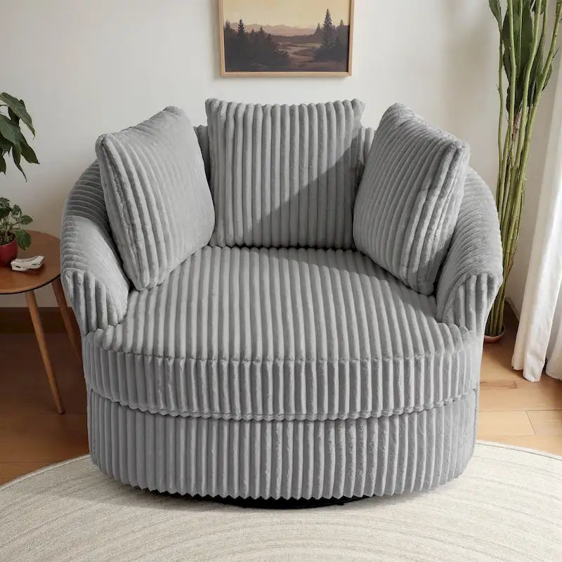 Fauteuil pivotant tonneau surdimensionné de 43 W en velours côtelé moelleux avec accoudoirs encastrés