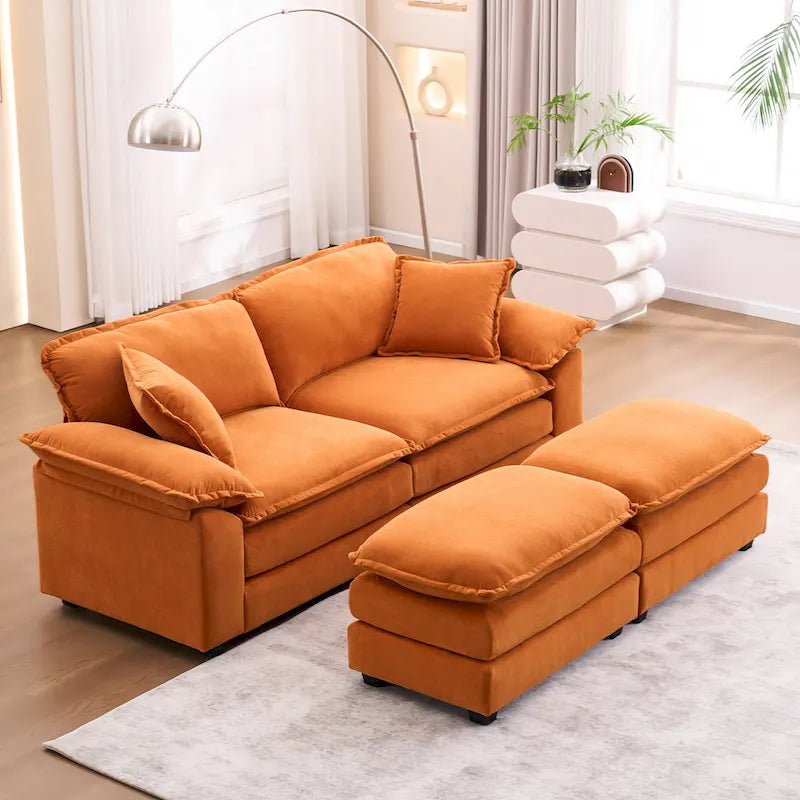Zweisitzer-Sofa mit 2 Sitzkissen, 2 Kissen und 2 Hockern, bequemes Sofa – tiefes Wohnzimmer-Sofa, modulares Sofa