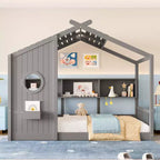 Dětská postel domeček typu Twin/Full, Montessori podlahová postel s úložnou policí – ModernLuxe