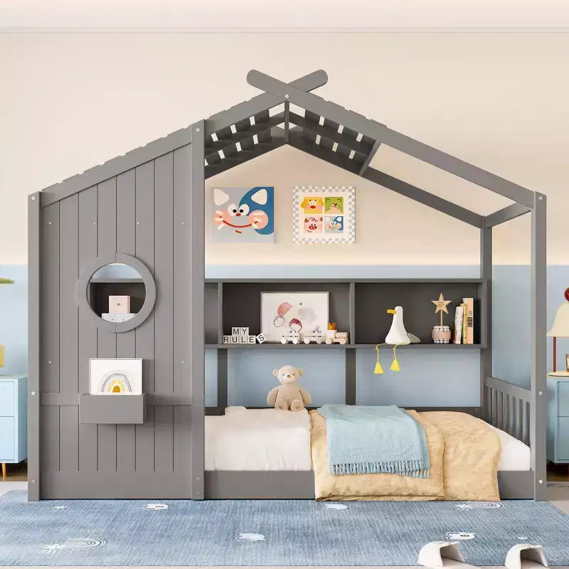 Dětská postel domeček typu Twin/Full, Montessori podlahová postel s úložnou policí – ModernLuxe