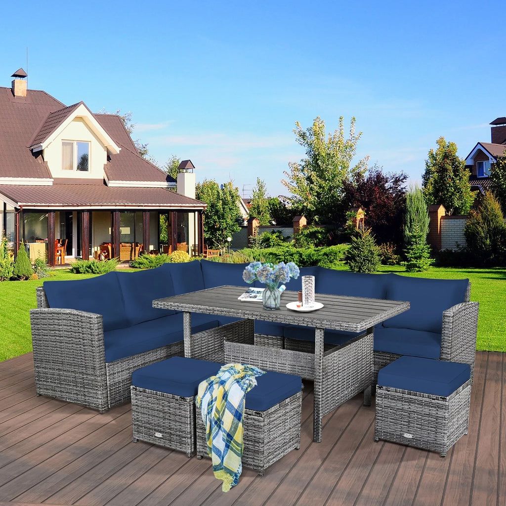 Costway 7-teiliges Dining-Set aus Polyrattan für die Terrasse mit Ecksofa, Couch und Hocker – Details anzeigen