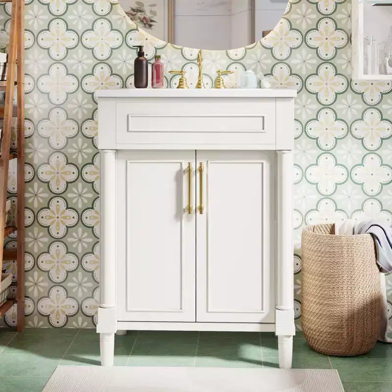 Meuble-lavabo de salle de bains de 24 pouces avec lavabo en céramique, meuble de style Shaker, 2 portes à fermeture amortie et structure en bois massif pour petite salle de bains ou cabinet de toilette