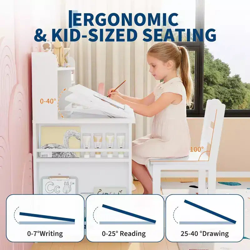 Ensemble bureau et chaise d’étude pour enfants avec rangement, bureau d’étude pour enfants avec dessus et plateau inclinable, de 3 à 8 ans, table d’écriture pour chambre