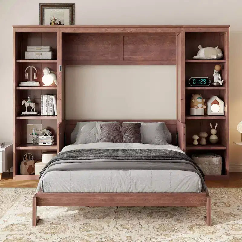 Lit escamotable mural pleine taille/queen gain de place avec bureau et bibliothèque, brun foncé – ModernLuxe