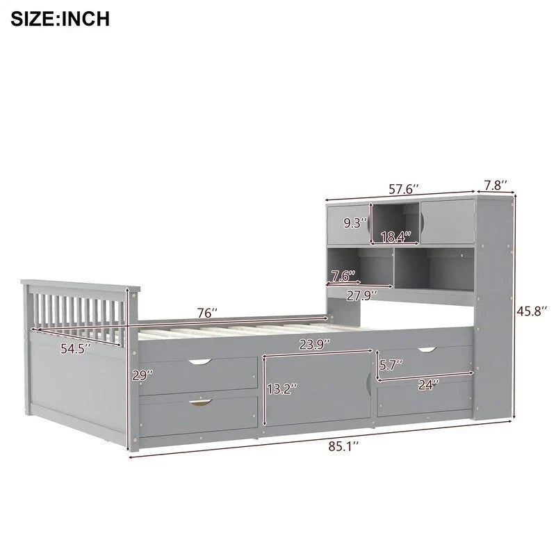 Letto a piattaforma Captain matrimoniale o singolo con 4 cassetti e ripiani contenitori, struttura in legno massello con testiera libreria contenitore