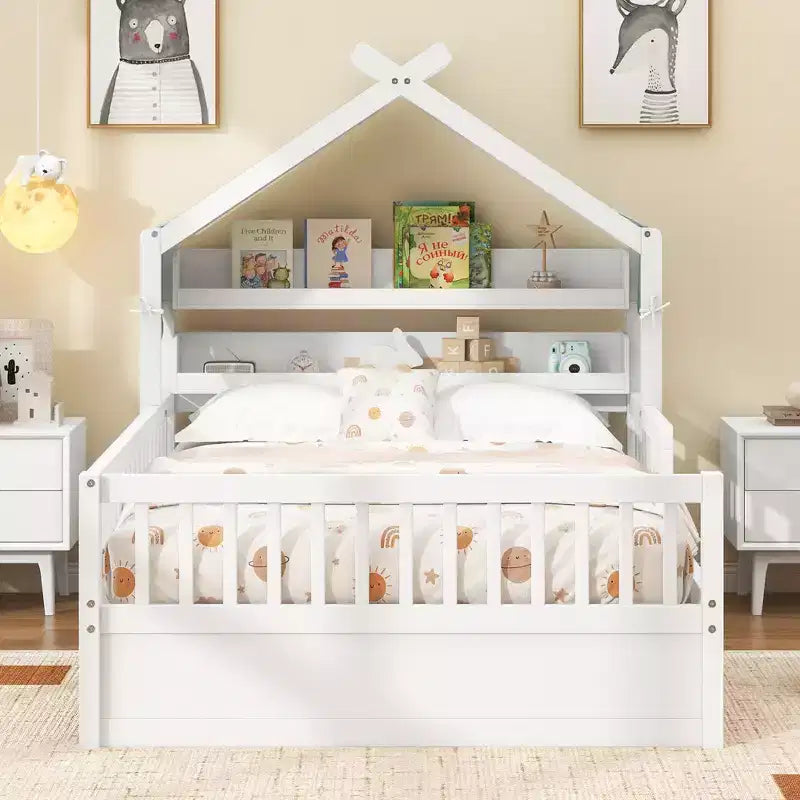 Cama-casa de madeira ModernLuxe para colchão individual/cama de casal com cabeceira com arrumação, estrutura de cama infantil em pinho maciço com grades de proteção