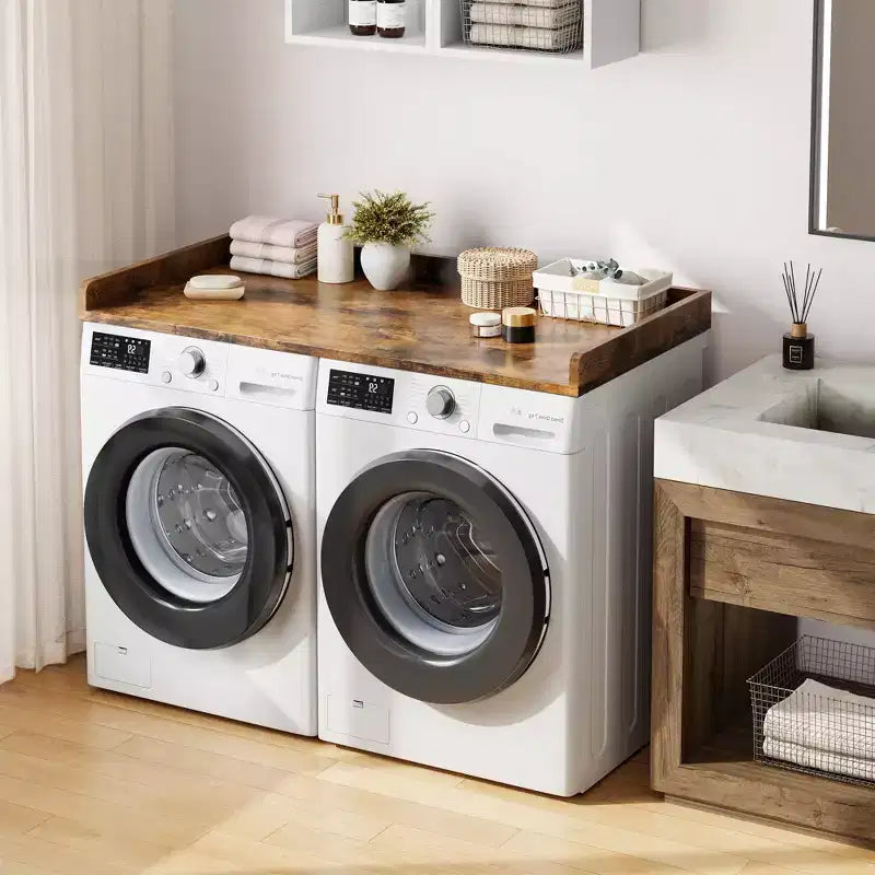 Plan de travail pour lave-linge et sèche-linge, plateau de buanderie avec rebord surélevé et tapis antidérapant pour panier à linge, rangement et organisation de la buanderie