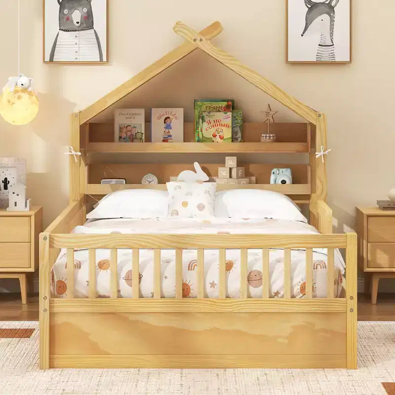 Cama-casa de madeira ModernLuxe para colchão individual/cama de casal com cabeceira com arrumação, estrutura de cama infantil em pinho maciço com grades de proteção