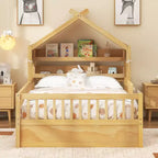 Cama-casa de madeira ModernLuxe para colchão individual/cama de casal com cabeceira com arrumação, estrutura de cama infantil em pinho maciço com grades de proteção