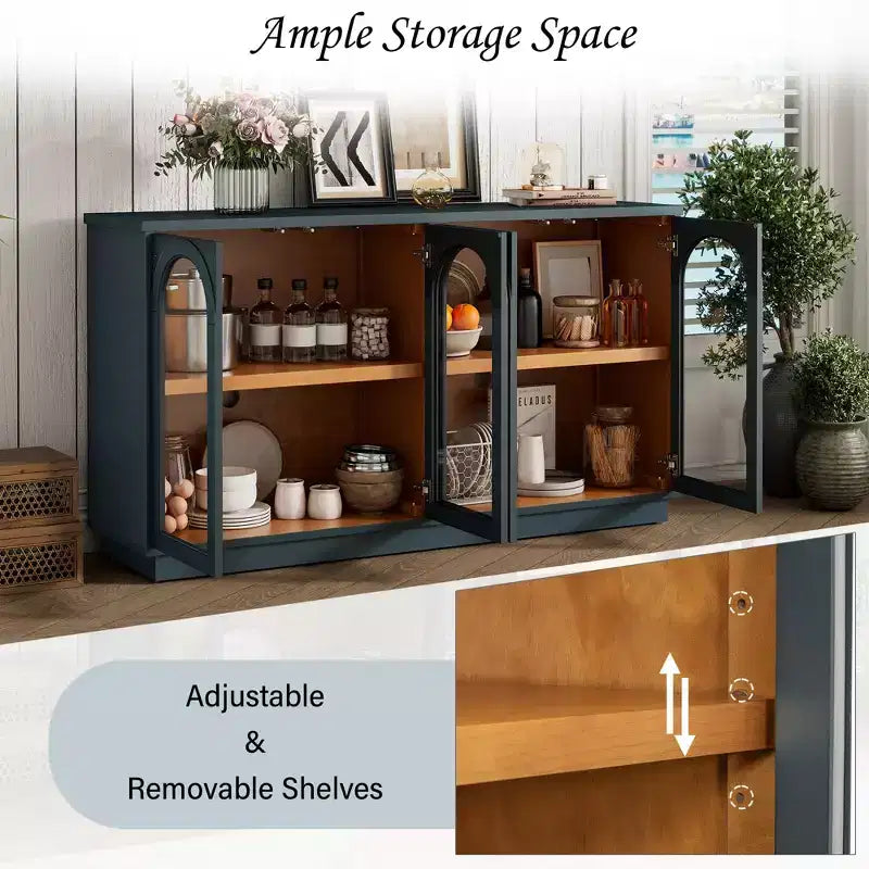 Großes Buffet-Sideboard mit 4 Türen und Glastüren, gewölbter Schrank mit verstellbaren Einlegeböden für die Küche