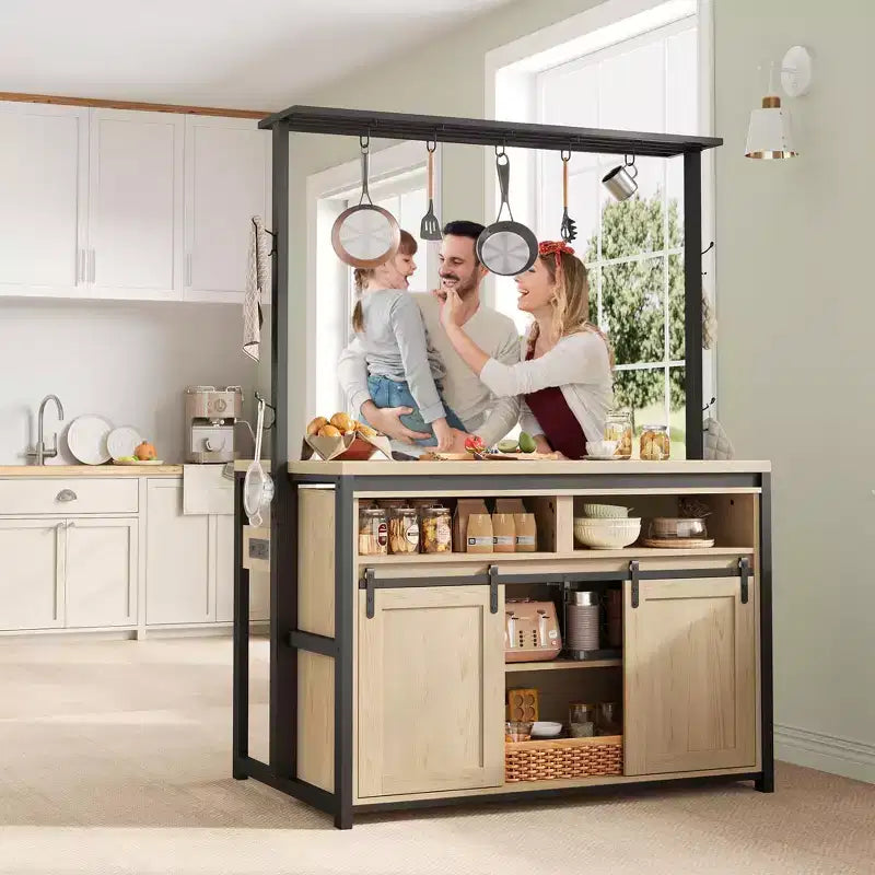 Îlot de cuisine, étagère de boulanger avec porte coulissante de grange, grande table îlot de cuisine de 42 po avec meuble pour micro-ondes à 3 niveaux, étagères pour four et ensemble de table-bar à café