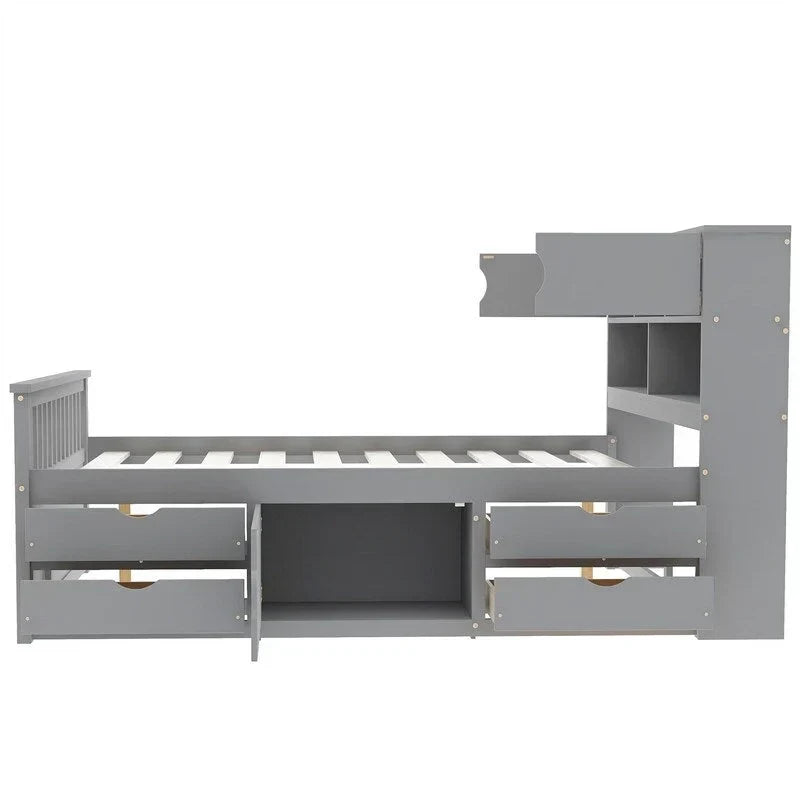 Letto a piattaforma Captain matrimoniale o singolo con 4 cassetti e ripiani contenitori, struttura in legno massello con testiera libreria contenitore