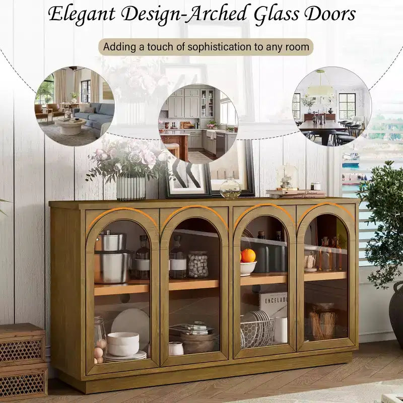 Großes Buffet-Sideboard mit 4 Türen und Glastüren, gewölbter Schrank mit verstellbaren Einlegeböden für die Küche