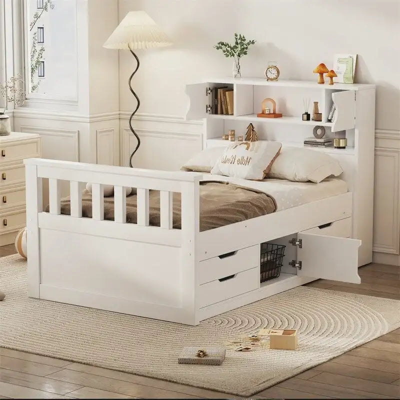 Letto a piattaforma Captain matrimoniale o singolo con 4 cassetti e ripiani contenitori, struttura in legno massello con testiera libreria contenitore