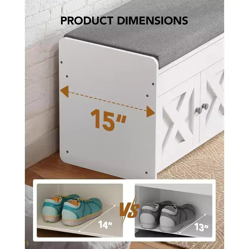 Banc à chaussures de 47,2 pouces de long pour l’entrée, avec assise rembourrée, rangement à couvercle relevable, 4 portes, capacité de 300 lb, banc avec range-chaussures pour l’entrée