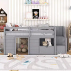 Letto rialzato basso singolo in legno massello da 94,6 L x 42,3 L, con scala, cassetto e ripiano, design moderno e pulito