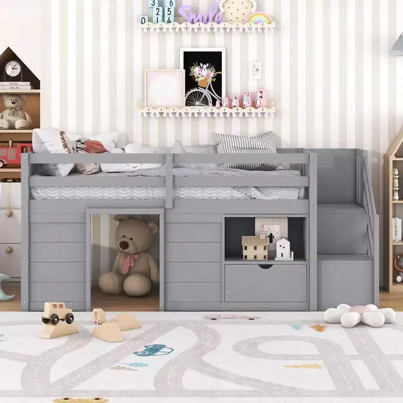 Letto rialzato basso singolo in legno massello da 94,6 L x 42,3 L, con scala, cassetto e ripiano, design moderno e pulito