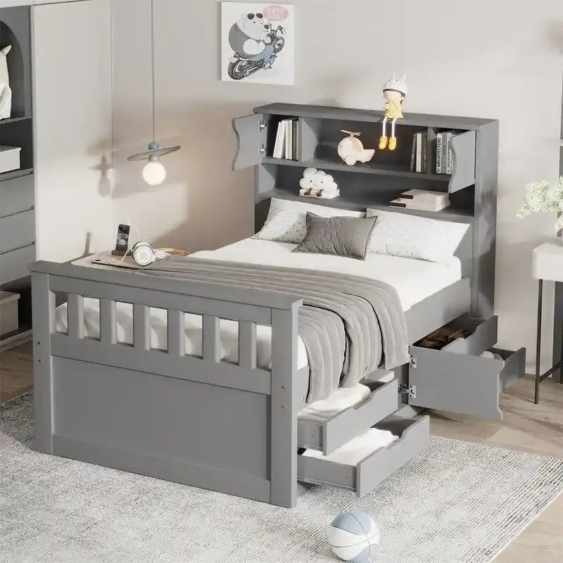 Captain-Platform-Bett in Twin-/Full-Größe mit 4 Schubladen und Ablagefächern, Massivholz-Bettrahmen mit Stauraum-Bücherregal-Kopfteil